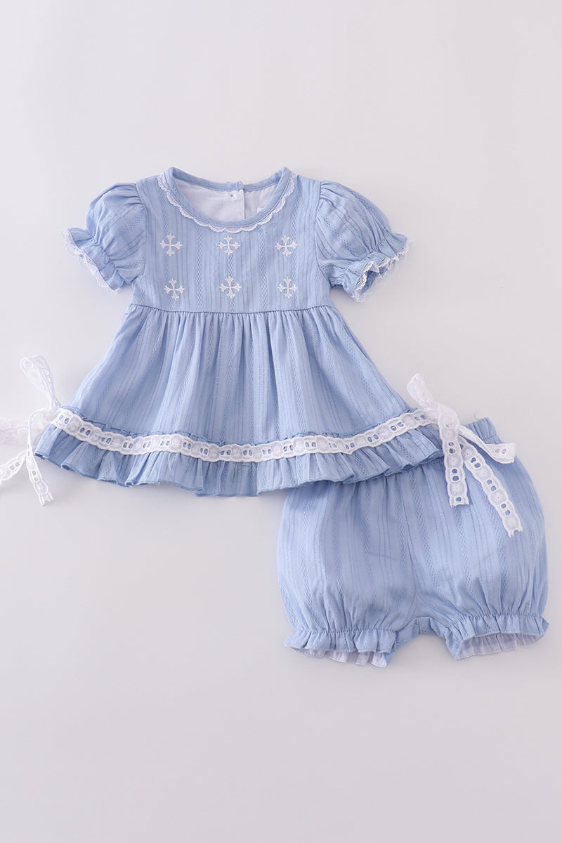 Blue Embroidery Romper Set