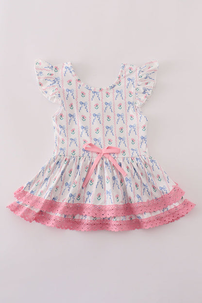 Bow floral lace ruffle leotard