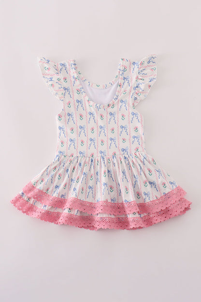 Bow floral lace ruffle leotard