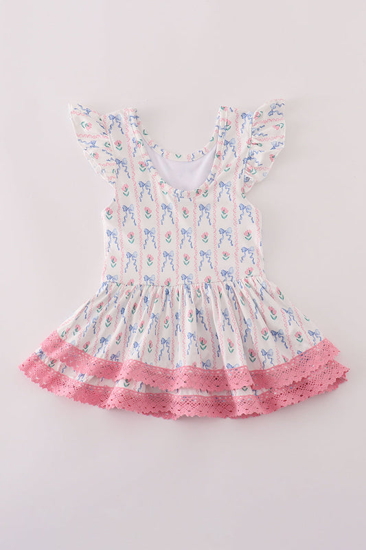 Bow floral lace ruffle leotard