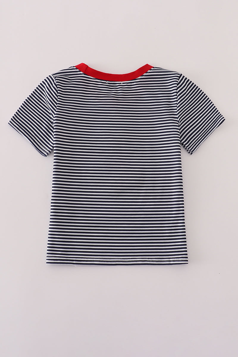 Navy Stripe Racing Car Embroidery Top