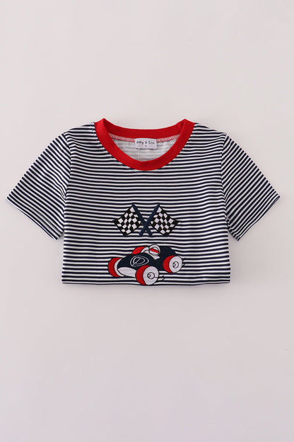 Navy Stripe Racing Car Embroidery Top